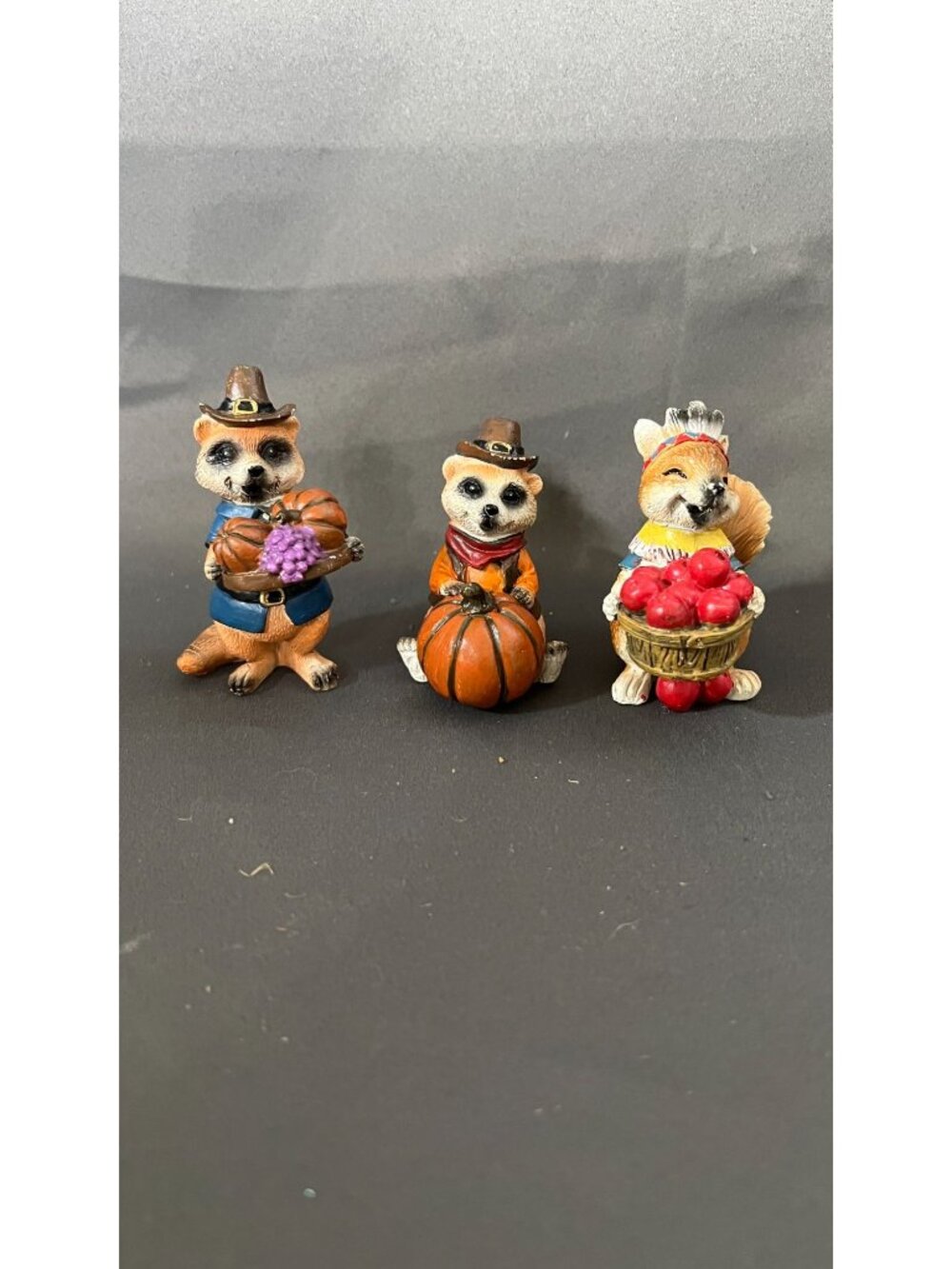 Thanksgiving Pilgrim & Native Woodland Animal Figurines Trio Collectible